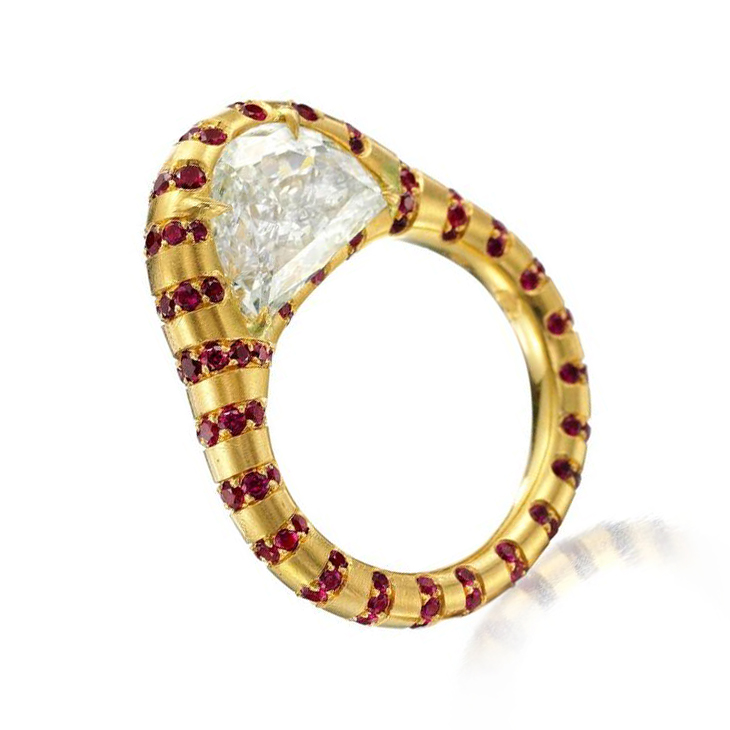 A Half Moon-shaped Diamond and Ruby Ring, by SABBA