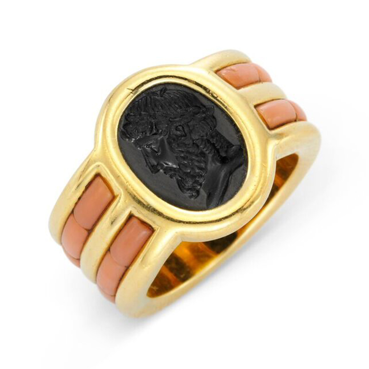 A Carved Obsidian and Coral Ring, by JAR