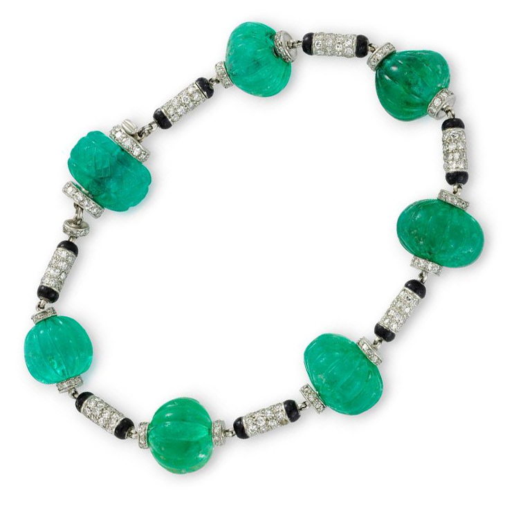 An Art Deco Emerald Bead, Enamel and Diamond Bracelet, circa 1925
