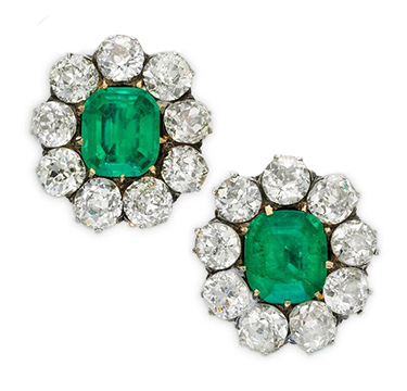 A Pair of Antique Emerald and Diamond Cluster Earrings