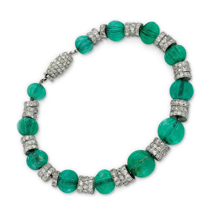 An Art Deco Emerald Bead and Diamond Bracelet, by Cartier, circa 1925