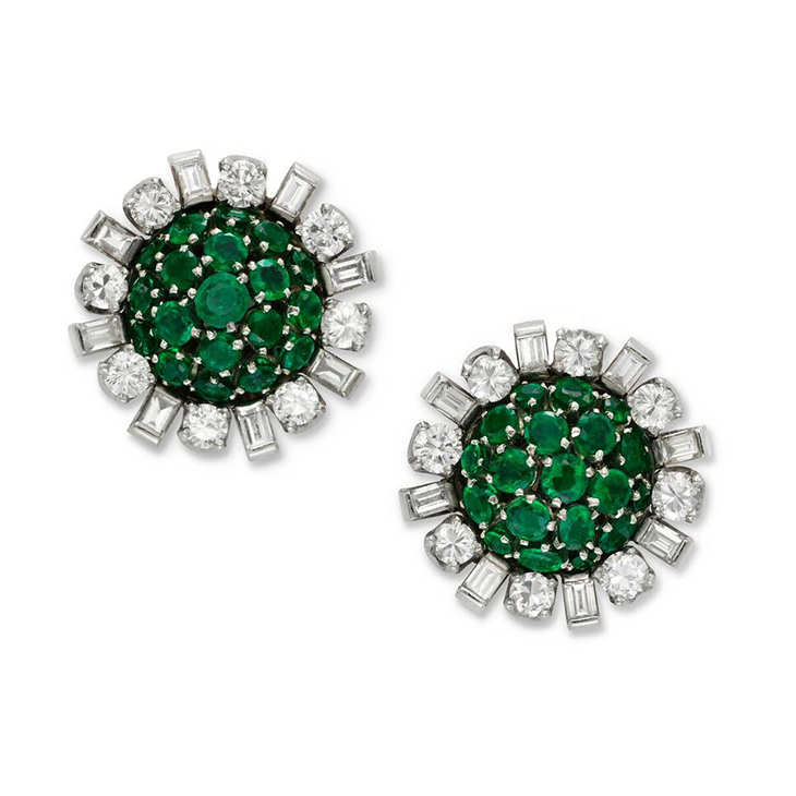 A Pair of Emerald and Diamond Cluster Ear Clips, circa 1960