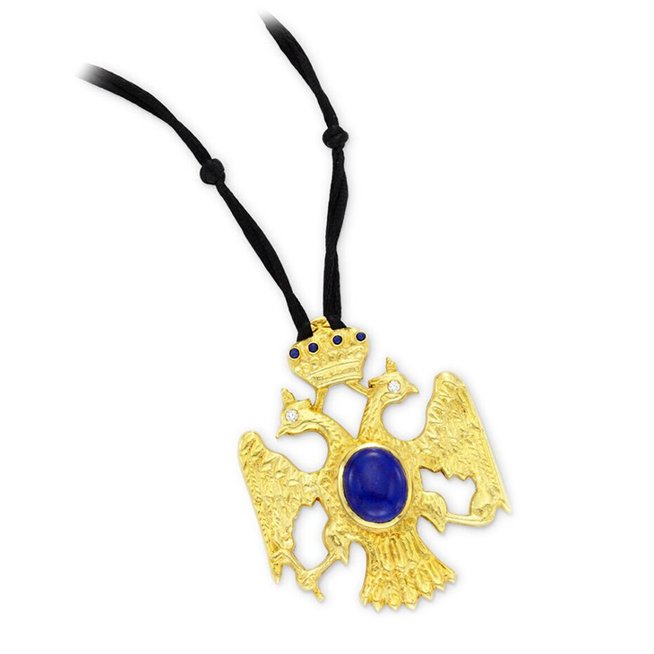 A Lapis Lazuli, Diamond and Gold Double Headed Eagle Pendant, circa 1970