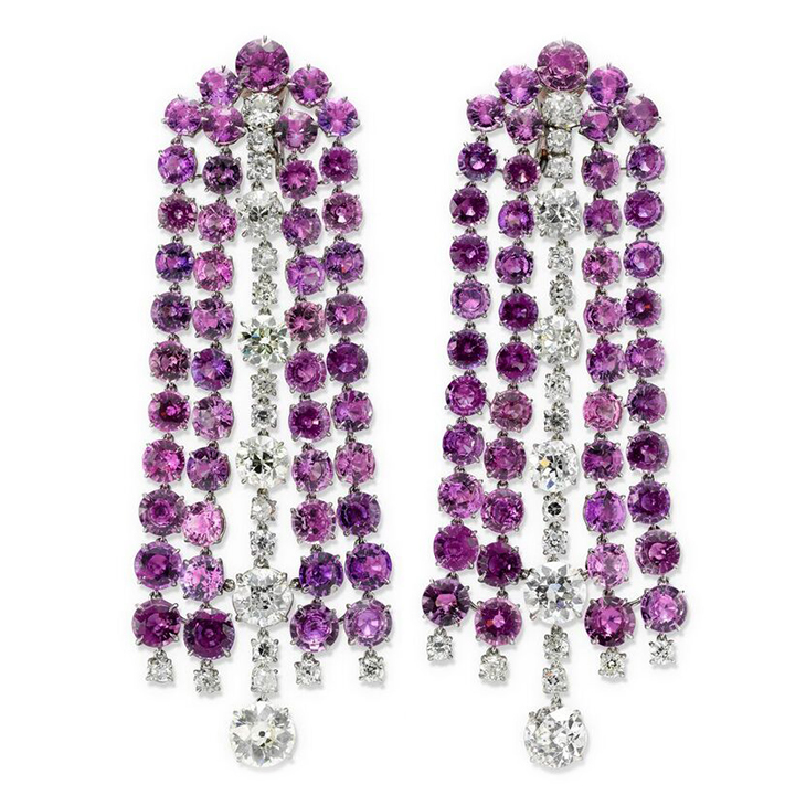A Pair of Pink Sapphire and Diamond Ear Pendants, by SABBA