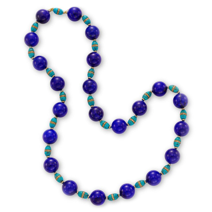 A Lapis Lazuli, Turquoise and Diamond Bead Necklace, circa 1960