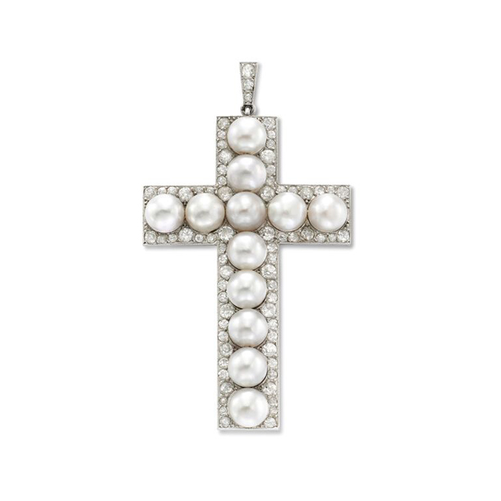 A Natural Pearl and Diamond Cross Pendant, circa 1920