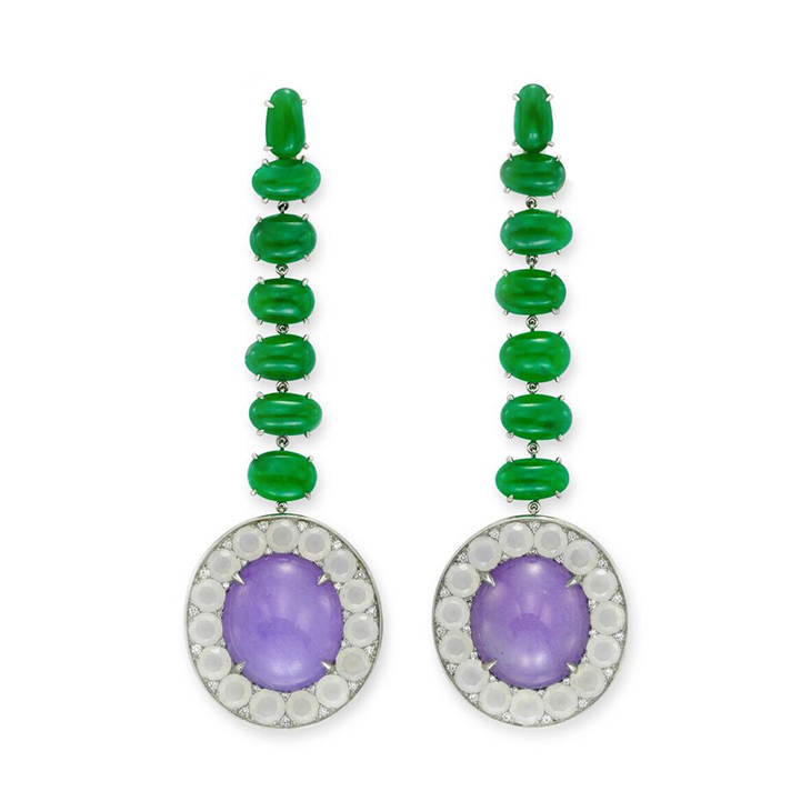 A Pair of Lavender and Green Jade and Diamond Ear Pendants, by SABBA