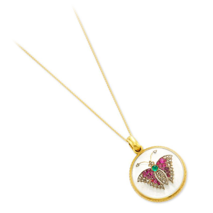 An Antique Multi-gem and Rock Crystal Butterfly Locket Pendant