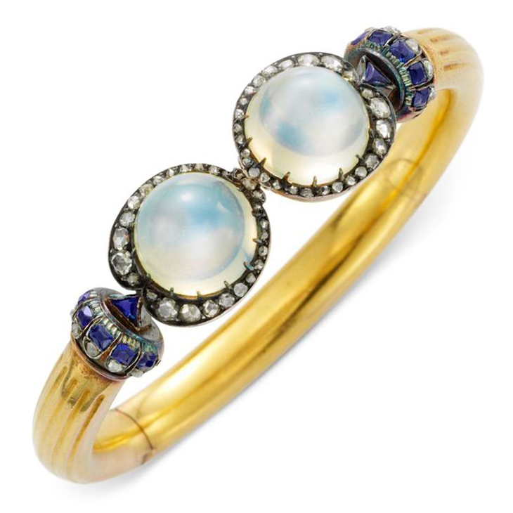 An Antique Moonstone, Sapphire and Diamond Cuff Bracelet, circa 1880