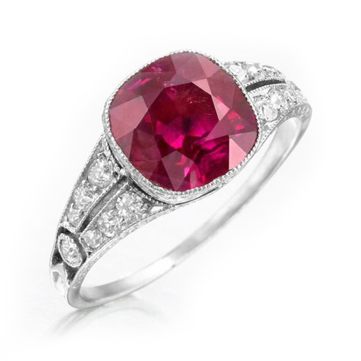 An Early 20th Century Burmese Cushion-cut Ruby and Diamond Ring, circa ...