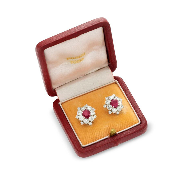 A Pair of Burmese Ruby and Diamond Cluster Ear Clips, by Bulgari, circa 1950