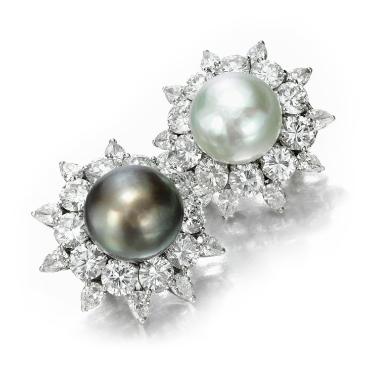 A Pair of Mismatched Natural Pearl and Diamond Cluster Ear Clips, by Bulgari, circa 1950