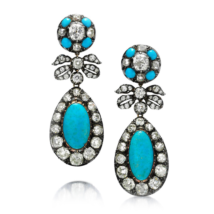 A Pair of Antique Turquoise and Old European-cut Diamond Ear Pendants, circa 1850