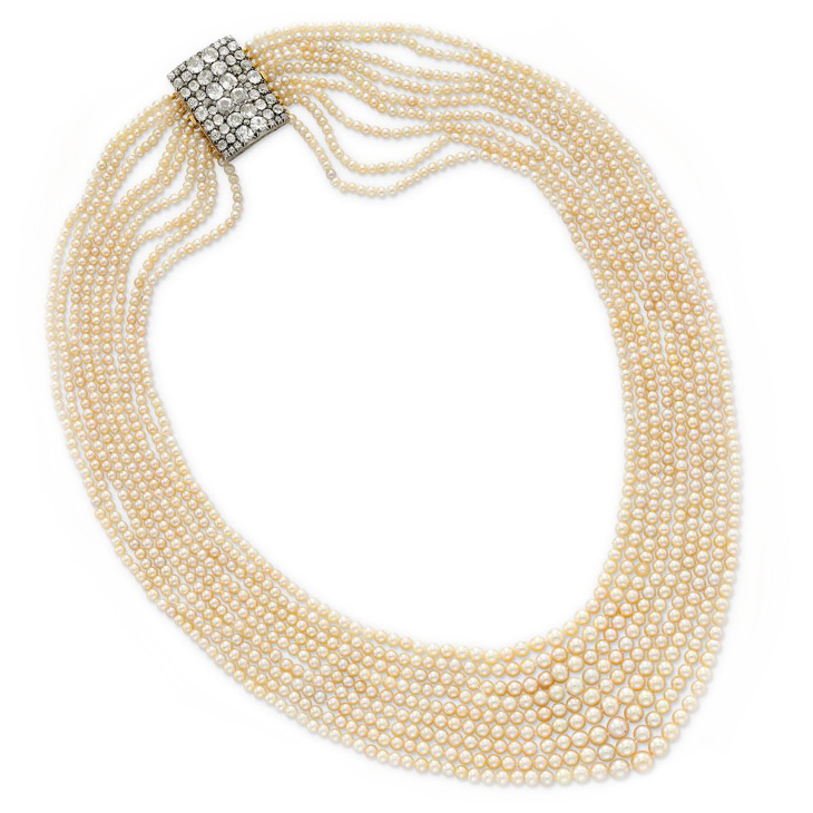 A Nine Strand Natural Pearl Sautoir, with a Old European-cut Diamond Buckle Clasp