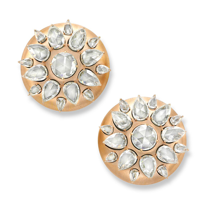 A Pair of Rose-cut Diamond and Rose Gold 'Lotus' Disk Ear Clips, by Bhagat