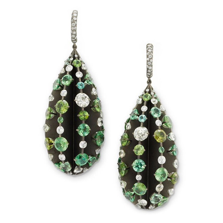 A Pair of Demantoid Garnet and Diamond Ear Pendants, by SABBA