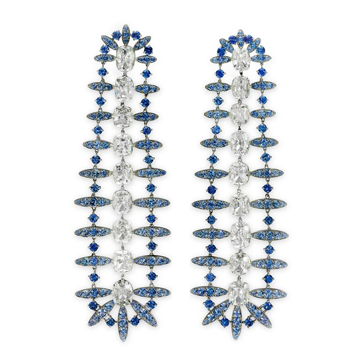 A Pair of Diamond and Sapphire Ear Pendants, by SABBA