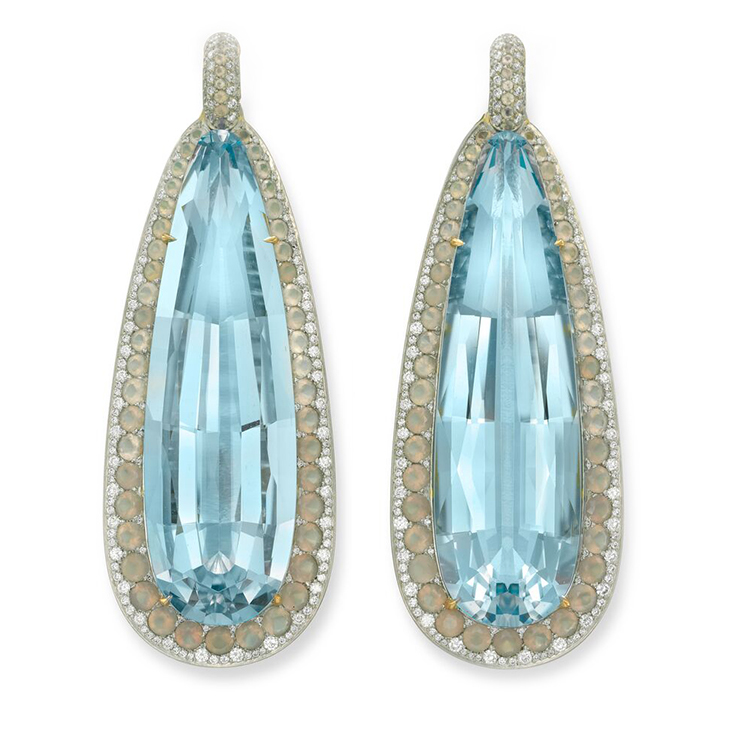 A Pair of Aquamarine, Agate and Diamond Ear Pendants, by SABBA