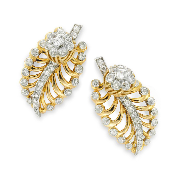 A Pair of Retro Gold and Diamond Ear Clips, by Cartier, circa 1940