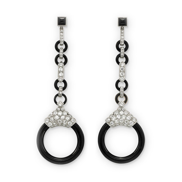 A Pair of Art Deco Onyx and Diamond Ear Pendants, by Cartier, circa 1920