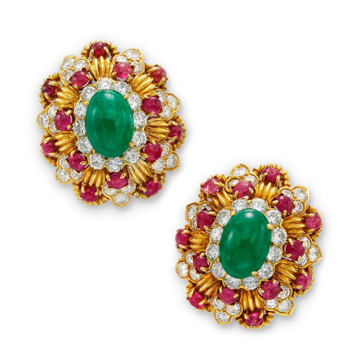 A Pair of Emerald, Ruby and Diamond Bombe Cluster Ear Clips, by Van Cleef & Arpels, circa 1970