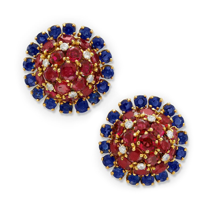 A Pair of Ruby, Sapphire and Diamond Cluster Ear Clips, by Van Cleef & Arpels, circa 1965