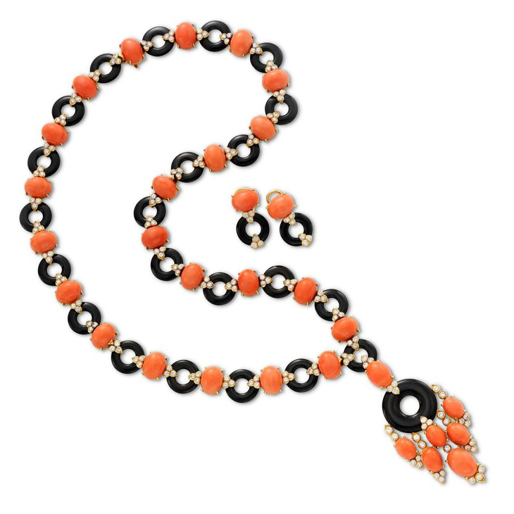 A Coral, Onyx and Diamond Sautoir Necklace, with earrings en suite, by Van Cleef & Arpels, circa 1970