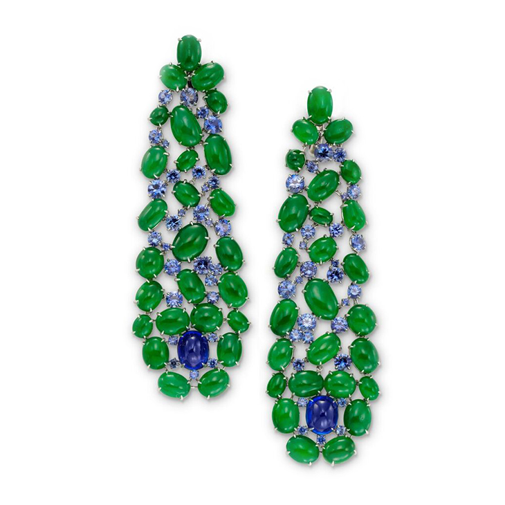 A Pair of Jade, Sapphire and Diamond Ear Pendants, by SABBA