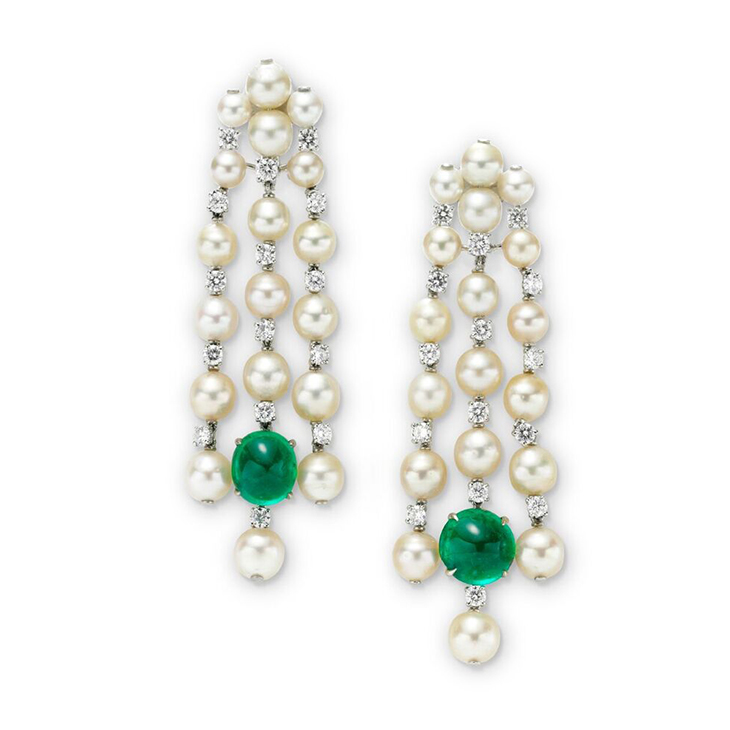 A Pair of Natural Pearl, Diamond and Emerald Ear Pendants, by SABBA
