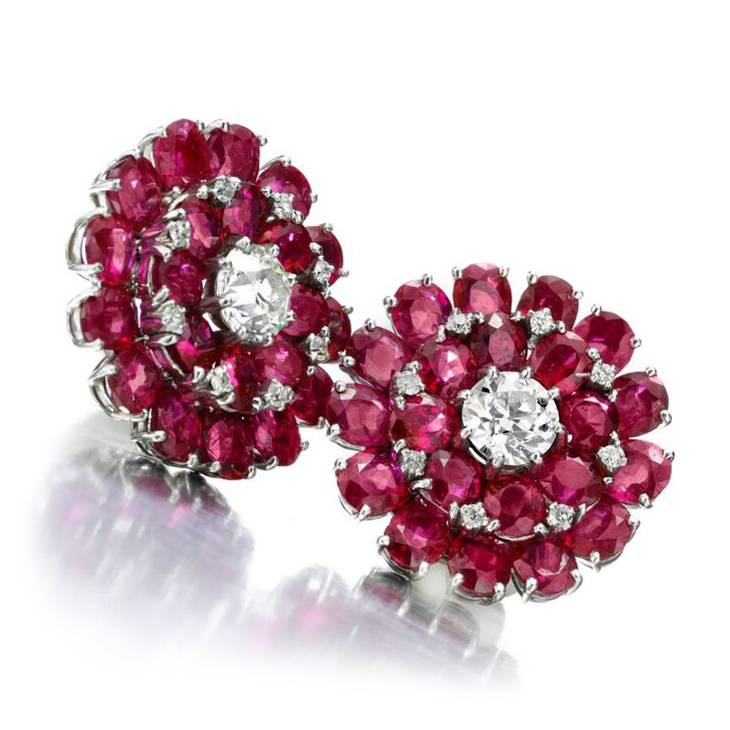 A Pair of Burmese Ruby and Diamond Flower Ear Clips, by Cartier, circa 1935