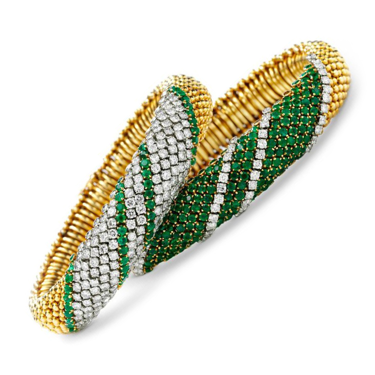 A Pair of Emerald and Diamond 'Couscous' Bracelets, by Van Cleef & Arpels, circa 1960