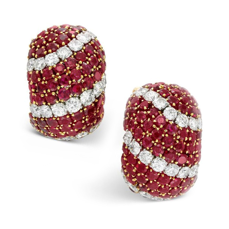 A Pair of Ruby and Diamond 'Pelouse' Ear Clips, by Van Cleef & Arpels, circa 1965