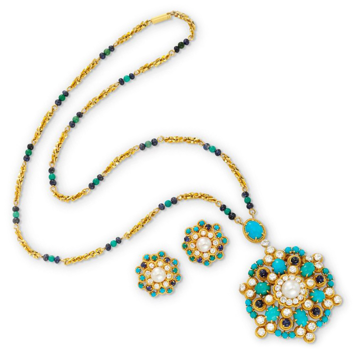 A Turquoise, Sapphire, Cultured Pearl and Diamond Pendant Necklace, and Ear Clips en suite, by Van Cleef & Arpels, circa 1965