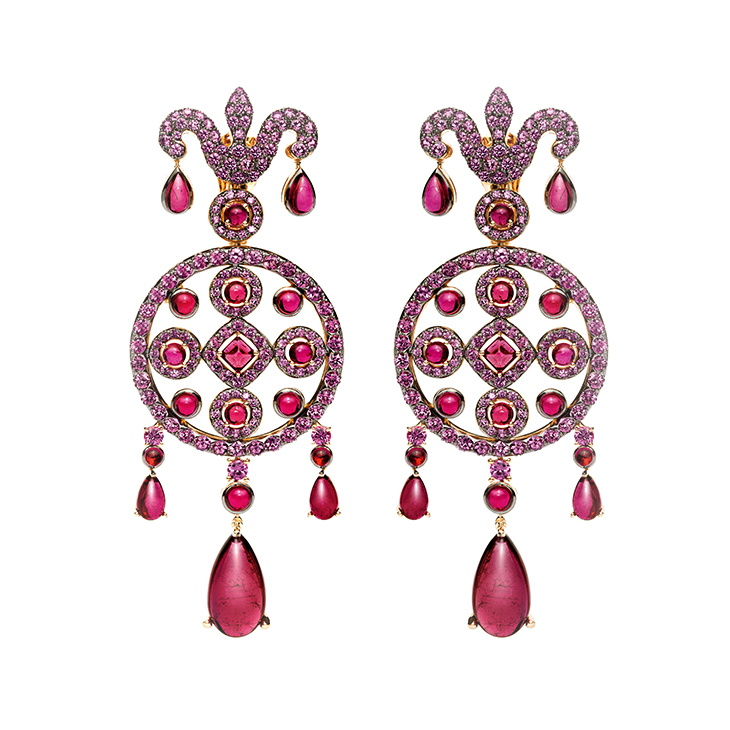 A Pair of Sapphire and Rubellite 'Caterina' Earrings, by Bodino