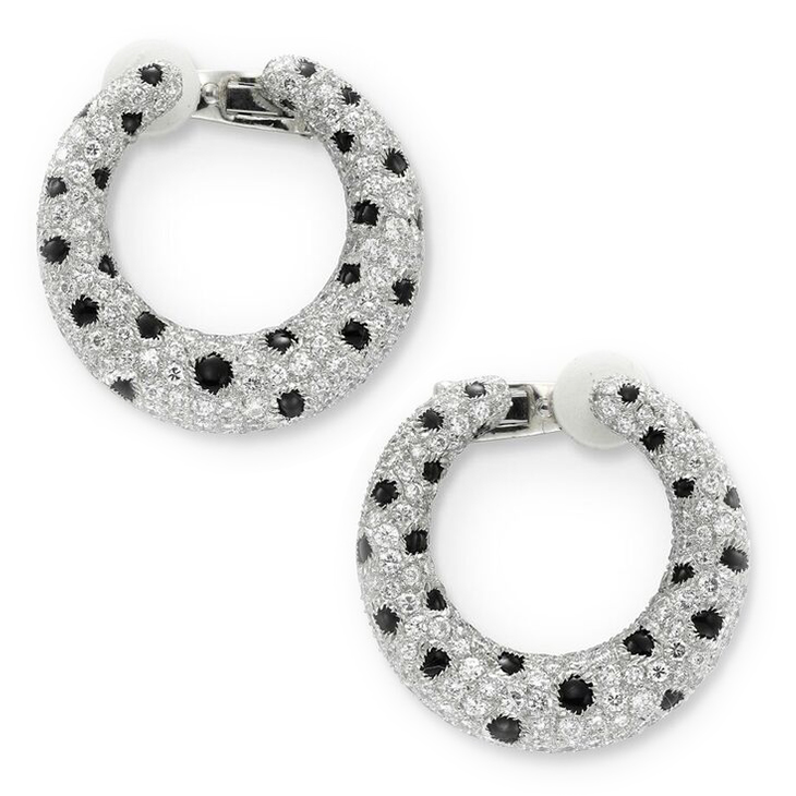A Pair of Onyx and Diamond Panther Hoop Ear Clips, by Cartier