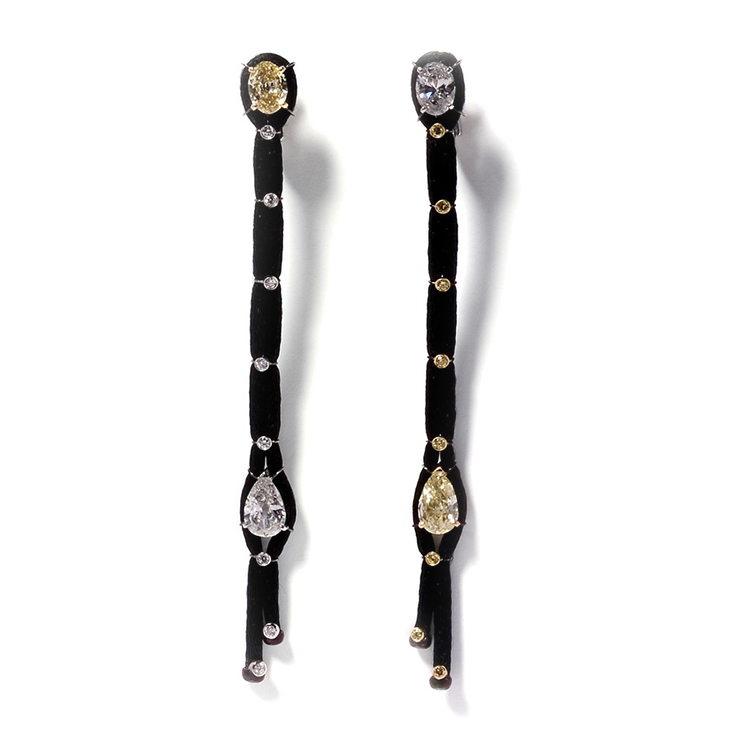 A Pair of Colored Diamond, Diamond and Black Silk Ear Pendants, by Fabio Salini
