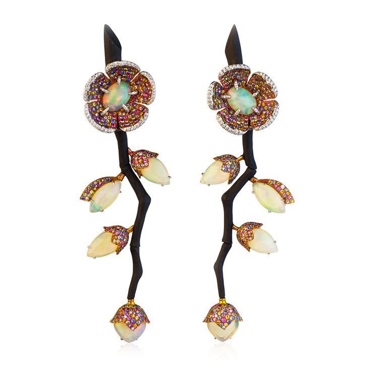 A Pair of Opal, Sapphire and Diamond Earrings, mounted in gold and carbon fiber, by Fabio Salini