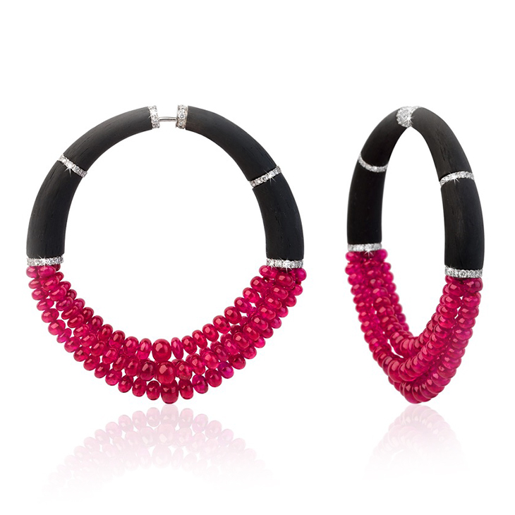 A Pair of Ruby Bead, Diamond and Carbon Fiber Earrings, by Fabio Salini