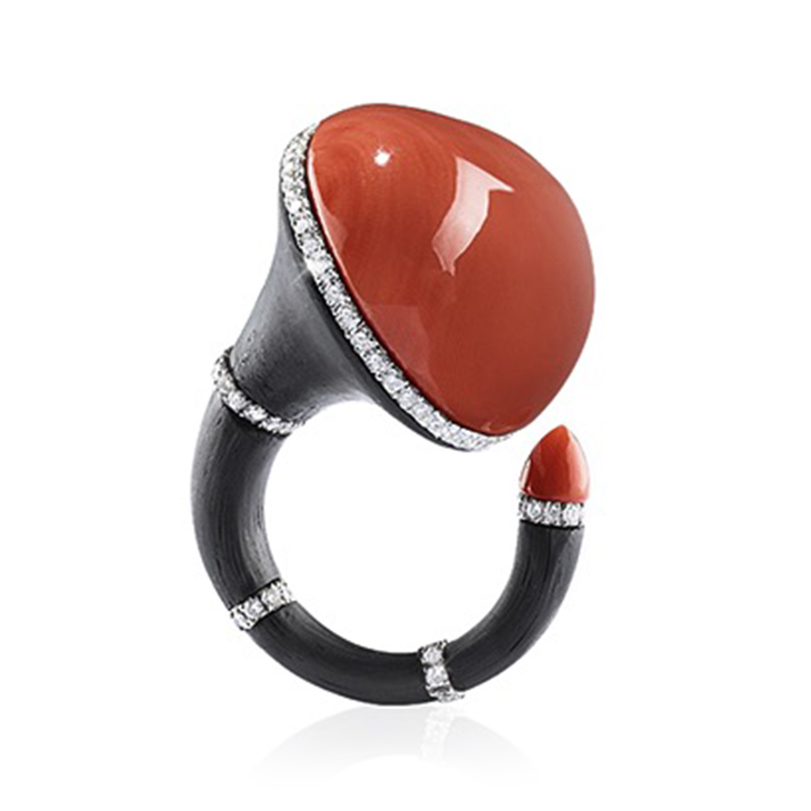 A Coral and Diamond Ring, mounted in carbon fiber and gold, by Fabio Salini