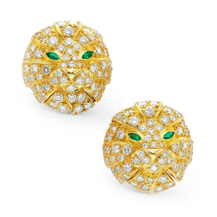 A Pair of Emerald and Diamond Lion Ear Clips, by Boucheron, circa 1970