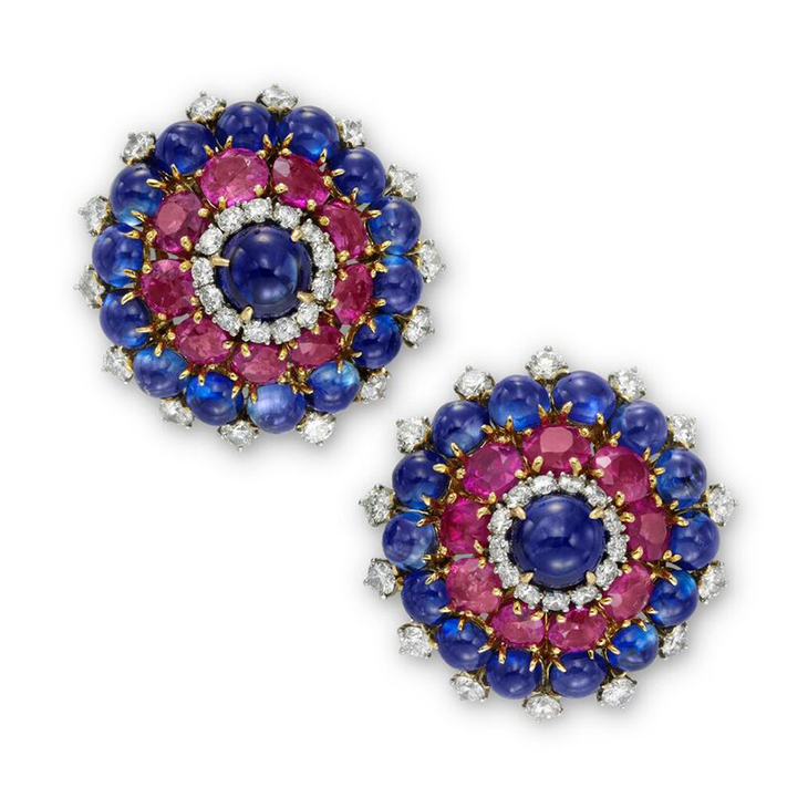 A Pair of Sapphire, Ruby and Diamond Cluster Ear Clips, circa 1960