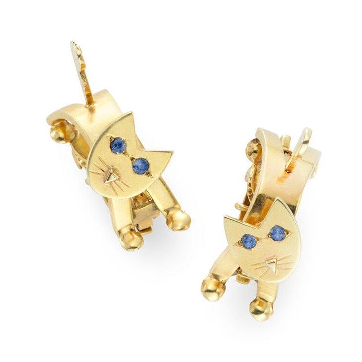 A Pair of Sapphire and Gold 'CAT' Ear Clips, circa 1940