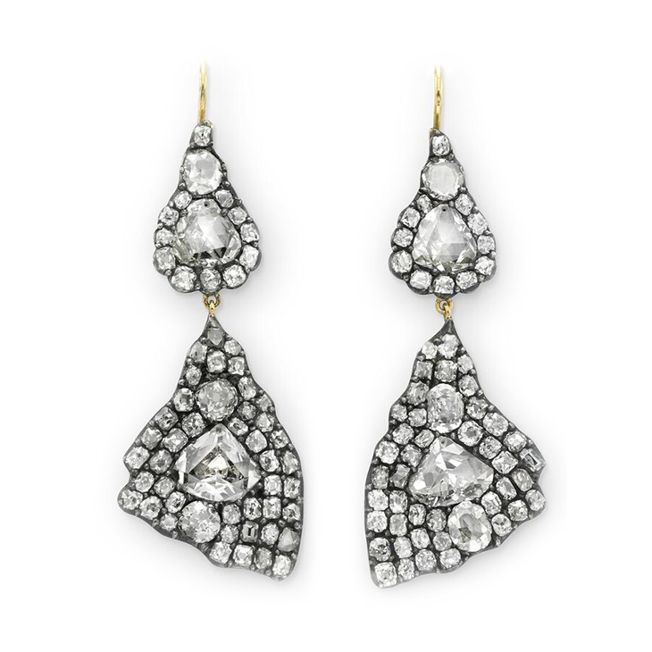A Pair of Old Mine-cut Diamond Cluster Ear Pendants