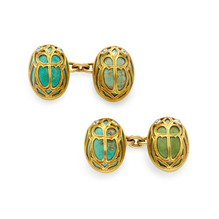 An Antique Pair of Hardstone and Diamond Scarab Cufflinks, circa 1900