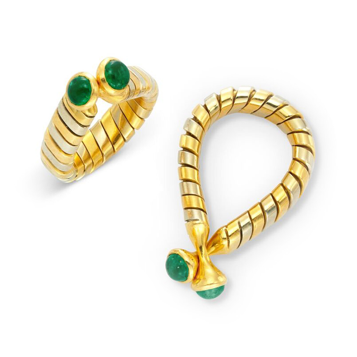 A Pair of Bi-colored Gold and Emerald 'Tubogas' Cufflinks, by Bulgari, circa 1990