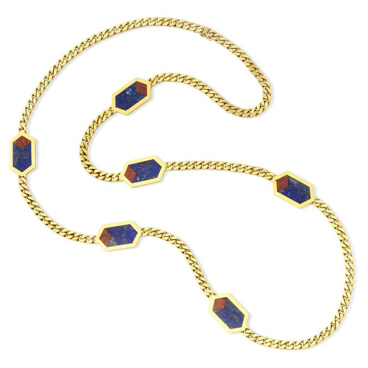 A Lapis Lazuli, Carnelian and Gold Long Chain Necklace, circa 1985
