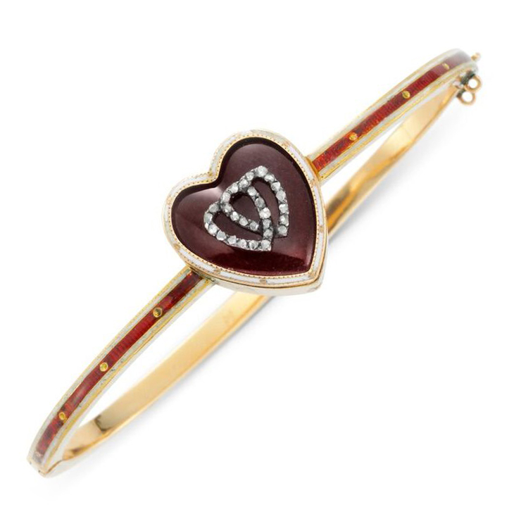 An Antique Enamel and Diamond 'Twin Hearts' Bangle Bracelet
