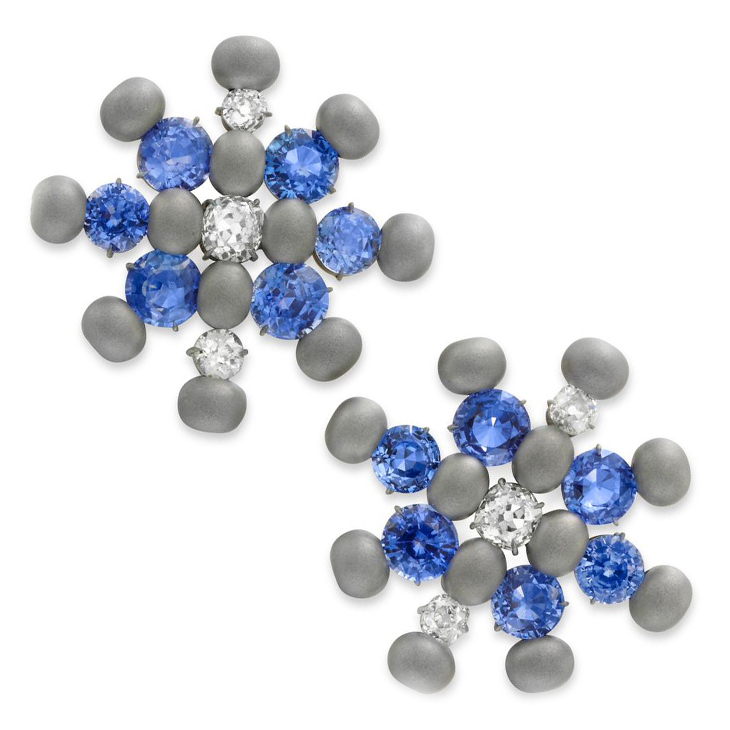 A Pair of Ceylon Sapphire, Diamond and Titanium Ear Clips, by SABBA