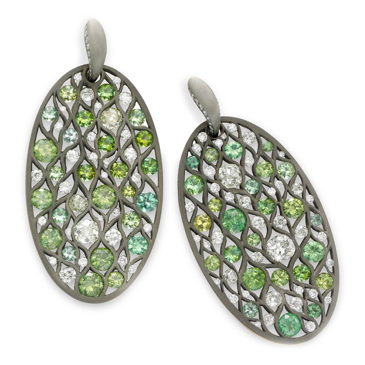 A Pair of Demantoid Garnet and Diamond Ear Pendants, by SABBA