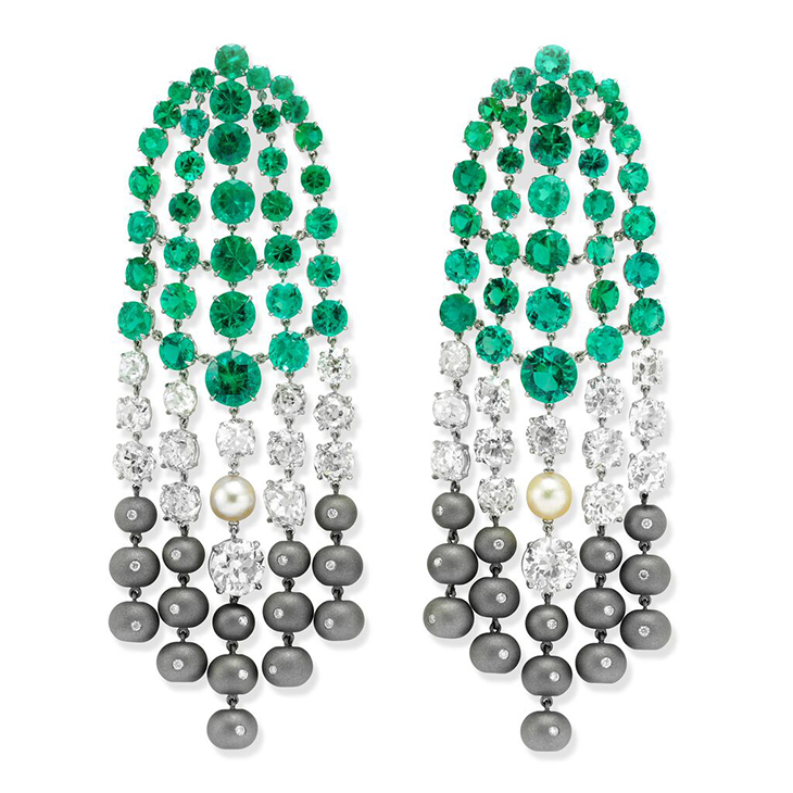 A Pair of Emerald, Diamond, Pearl and Titanium Ear Pendants, by SABBA